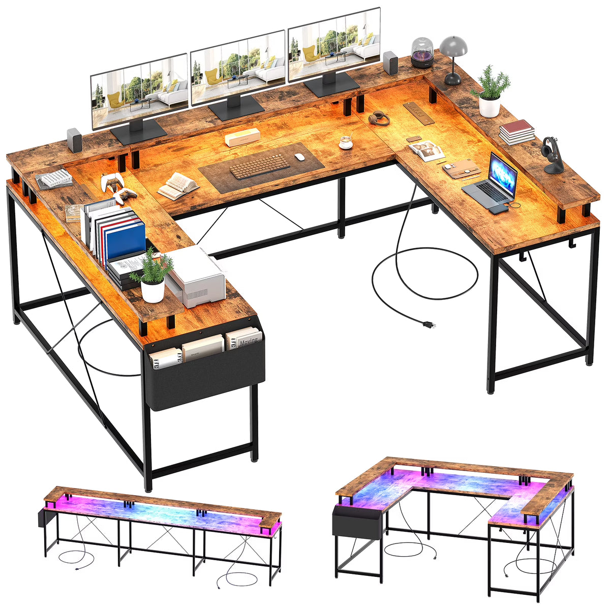 Yesfashion U Shaped Computer Gaming Desk, Reversible L Shaped Desk with Power Outlets, LED Strip & Monitor Stand, Large Corner Desk with Storage Shelves