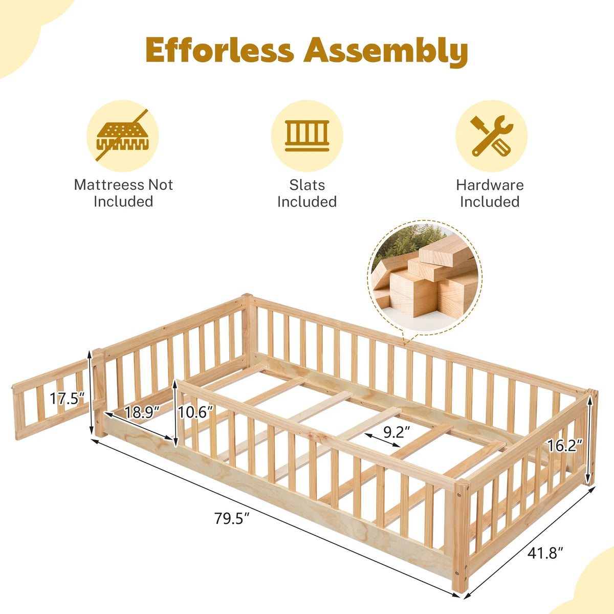 PAPROOS Twin Size Floor Bed, Solid Wood Toddler Bed with Slat, Fence Guardrail and Door, No Box Spring Needed, Montessori Bed, Twin Bed for Kids, Boys, Girls, Gray