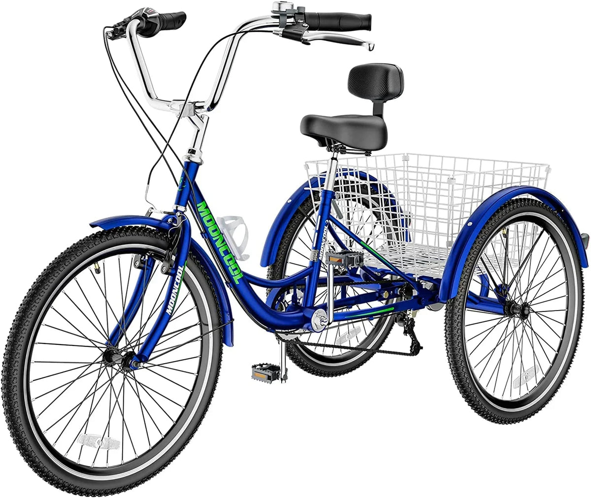 MOONCOOL Adult Tricycles with Rear Basket & Inflator, 24 26 inch 7 Speed 3 Wheel Bikes, Three-Wheeled Bicycles Adult Trike with Backrest for Seniors, Women, Men