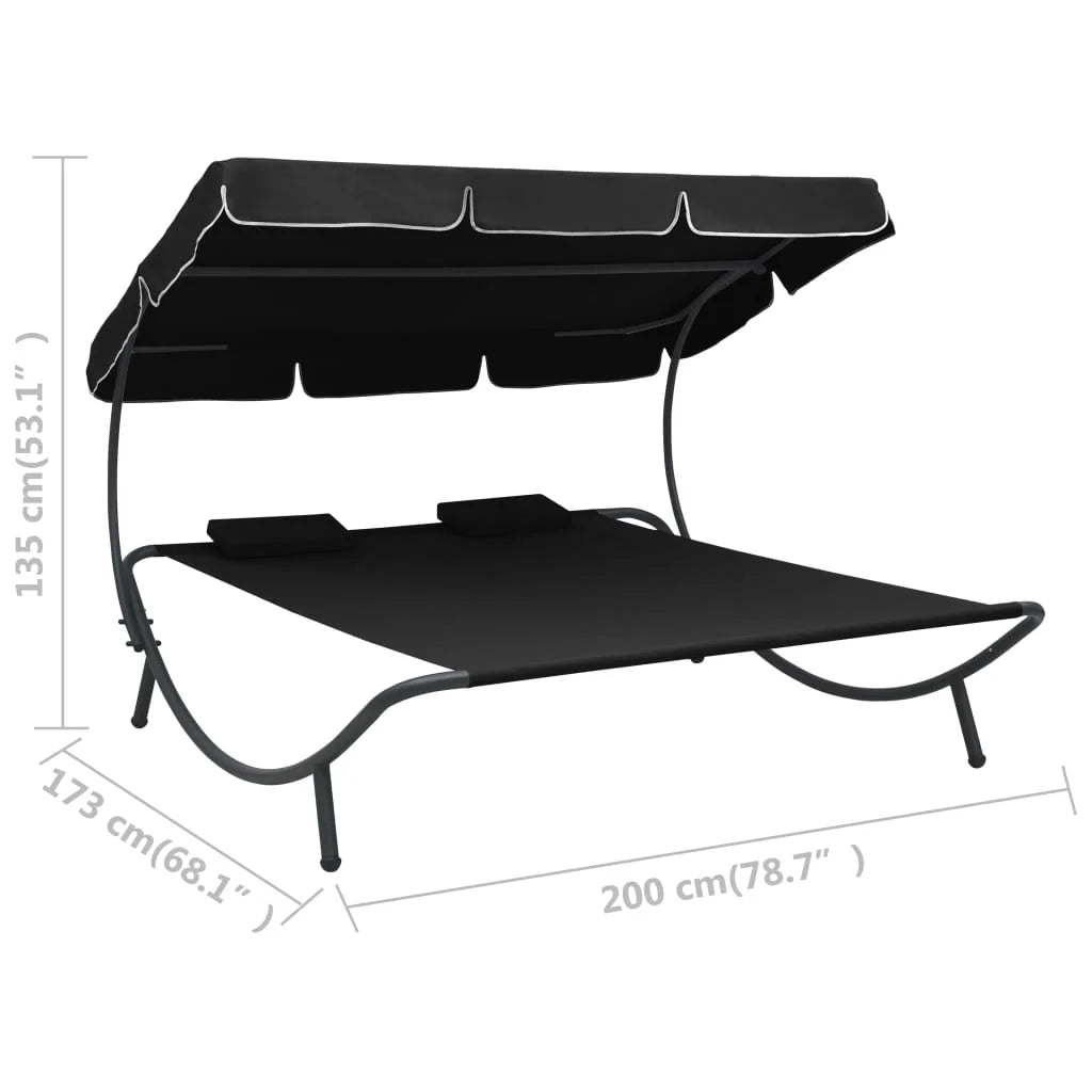 vidaXL Outdoor Double Chaise Lounge Patio Lounge Bed with Canopy and Pillows