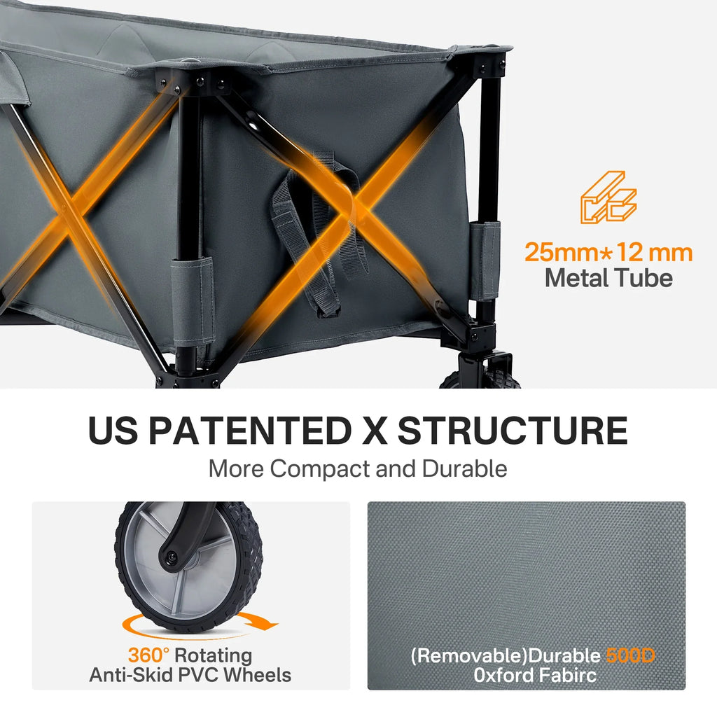 TIMBER RIDGE 400L Collapsible Wagon with Cargo Net, 51.2'' Extended Foldable Heavy Duty Cart for Sports, Shopping, Camping, Grey