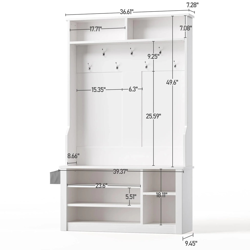 Lofka 5-in-1 Hall Tree with Bench and Shoe Storage, Entryway Hall Tree with Coat Rack, Adjustable Shoe Storage, 2-tier top storage,White