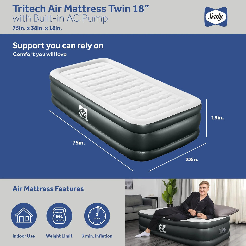 Tritech 18" Inflatable Air Mattress Bed with Built-in Pump, Storage Bag, and Repair Patch, for Indoor and Outdoor Use, Twin