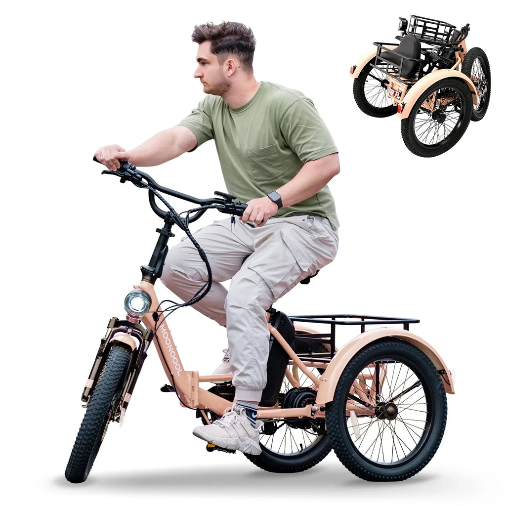 MOONCOOL TK1 Folding Electric Tricycle for Adults,48V 14.5Ah Removable battery, 500W"Peak 1000w"Motor, 20" Fat Tire Step-Thru 3Wheel Electric Bicycle w/Front&Rear Baskets, Certified to UL 2849 by SGS