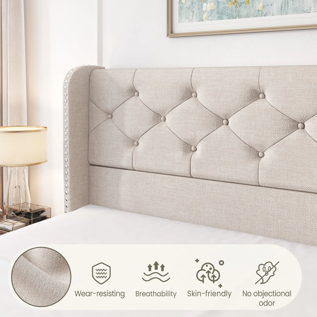 LARMACE Queen Size Platform Bed Frame with 4 Storage Drawers and Tufted Headboard Linen Upholstered Bed Wingback Bed Frame with Wooden Slats Support, Easy Assembly, Light Grey