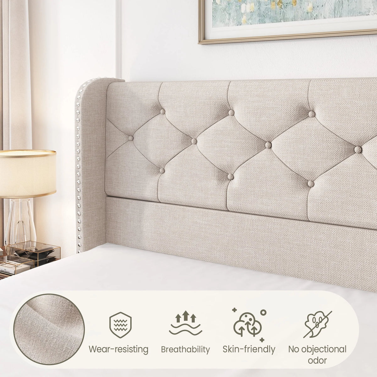 LARMACE Queen Size Platform Bed Frame with 4 Storage Drawers and Tufted Headboard Linen Upholstered Bed Wingback Bed Frame with Wooden Slats Support, Easy Assembly, Light Grey