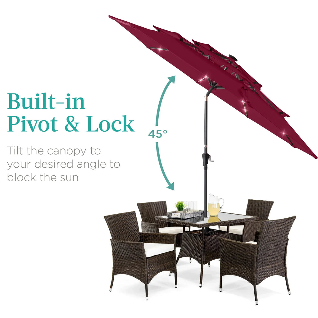 Best Choice Products 10ft 3-Tier Solar Patio Umbrella w/ 24 LED Lights, Tilt Adjustment, Easy Crank - Tan