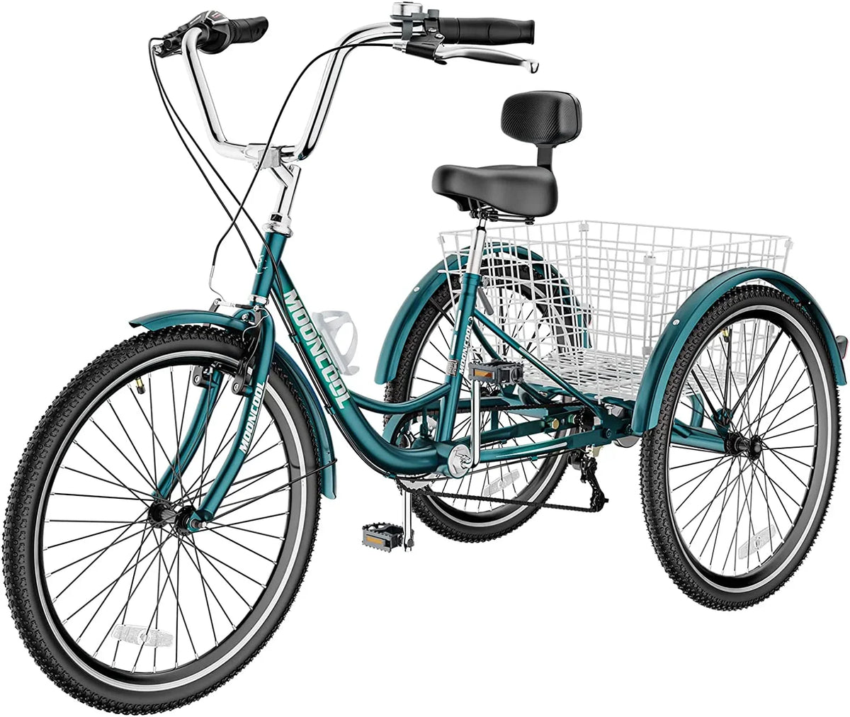 MOONCOOL Adult Tricycles with Rear Basket & Inflator, 24 26 inch 7 Speed 3 Wheel Bikes, Three-Wheeled Bicycles Adult Trike with Backrest for Seniors, Women, Men