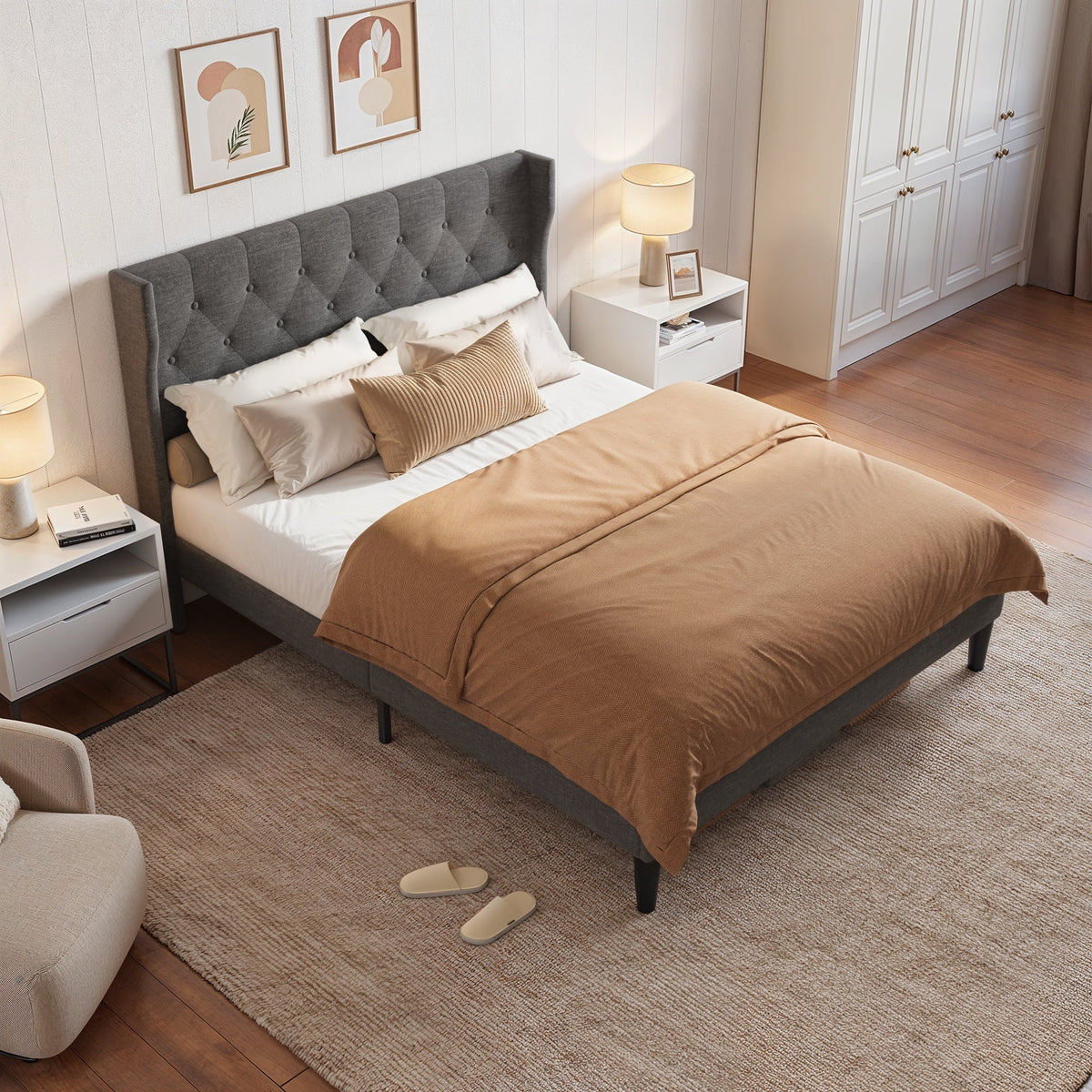 Full Size Bed Frame with Headboard, Under-Bed Storage, 850lbs, Beige