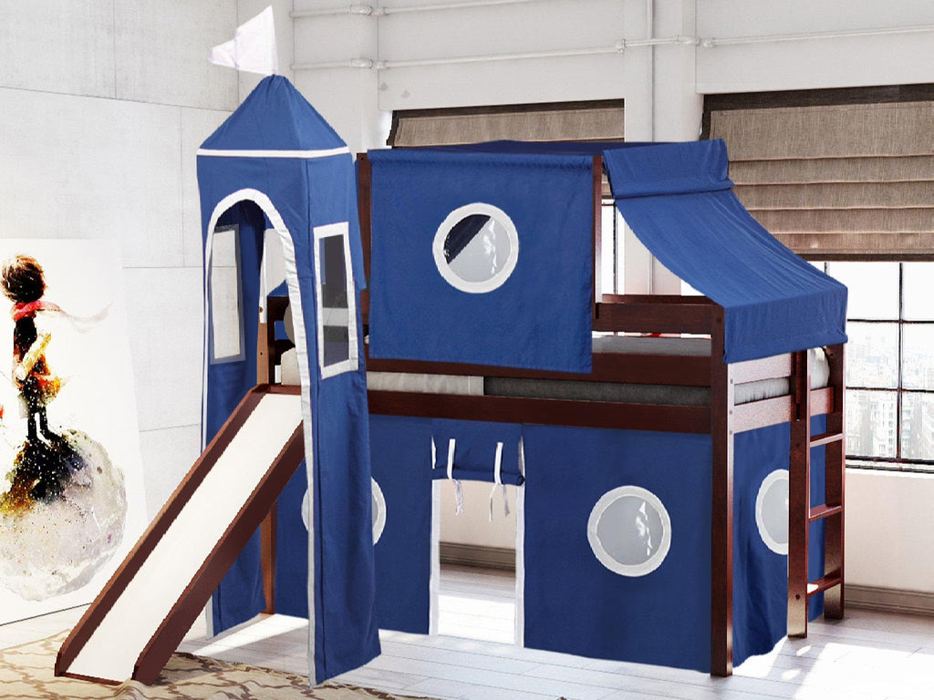 JACKPOT! Castle Low Loft Bed with Slide, Red Yellow and Blue Tent and Tower, Twin, Cherry