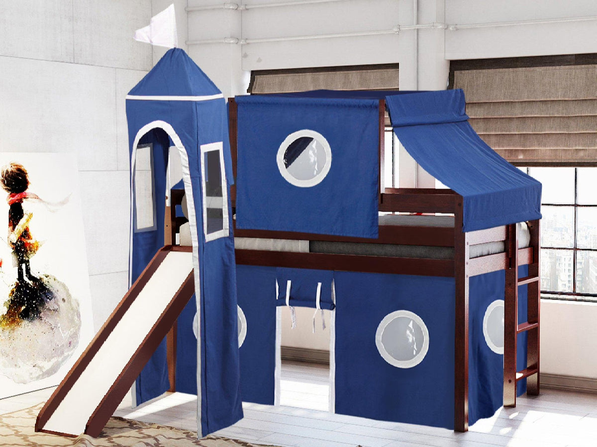 JACKPOT! Castle Low Loft Bed with Slide, Red Yellow and Blue Tent and Tower, Twin, Cherry