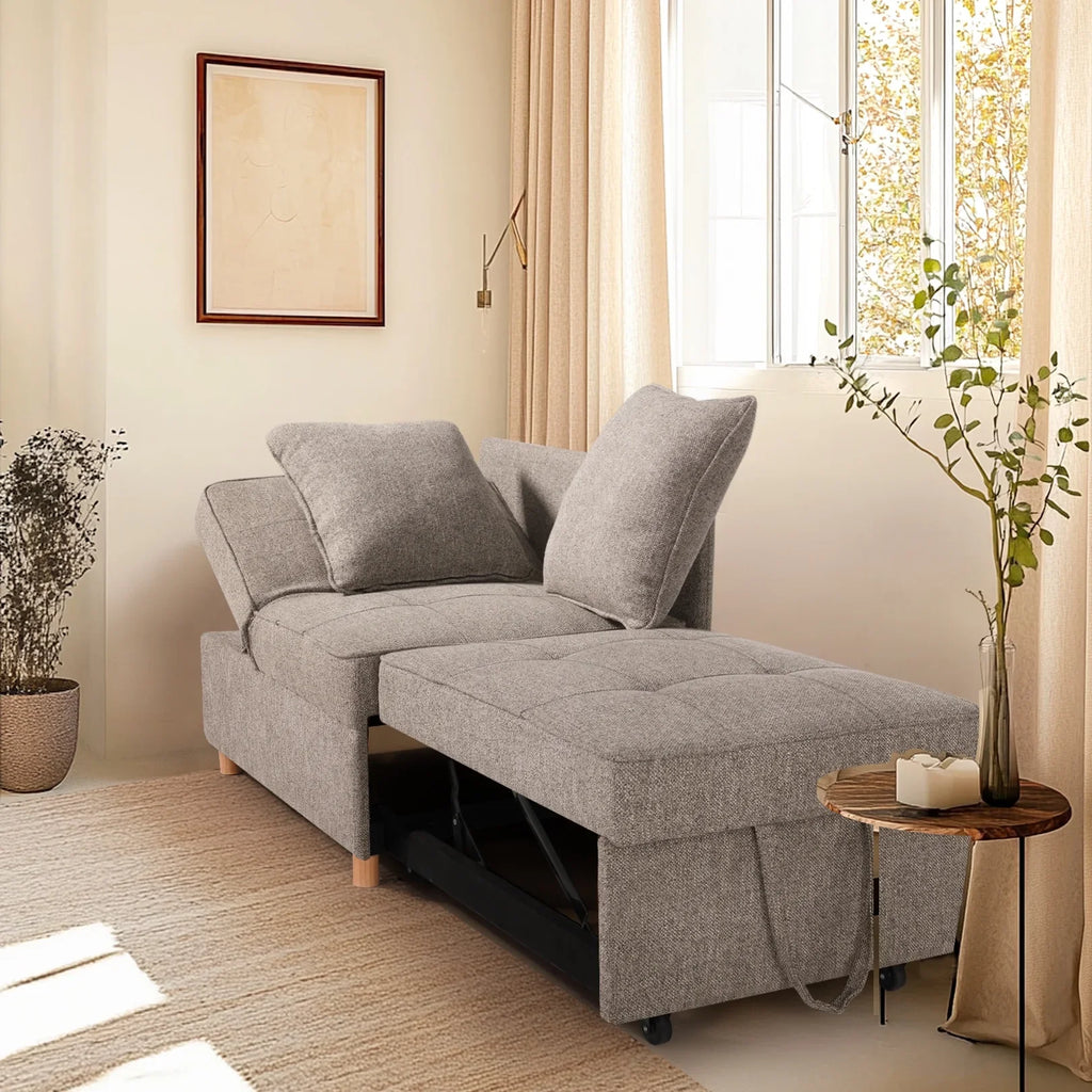 SEJOV 4-in-1 Convertible Sleeper Chair Bed, Linen Sofa Bed for Small Space, Futon Sofa with 2 Throw Pillows for Living Room, Single Recliner with 5 Adjustable Backrest for Bedroom Apartment, Brown