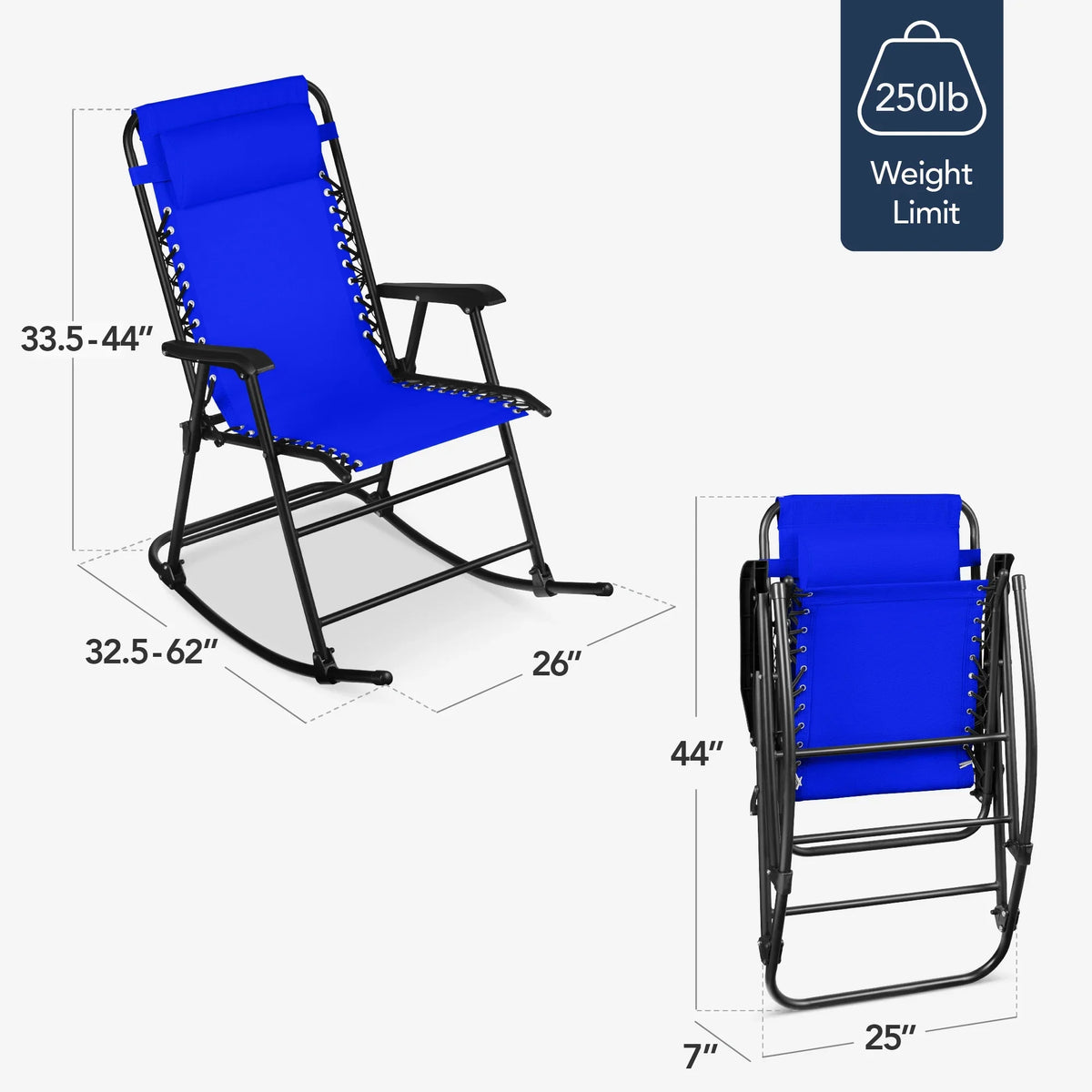 Best Choice Products Folding Outdoor Zero Gravity Rocking Lounge Chair w/ Headrest Pillow - Black