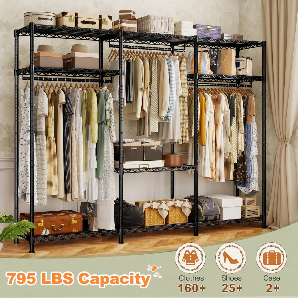 EnHomee Clothing Rack Portable Closet Organizer with 9 Shelves & 3 Rods,Heavy Duty Adjustable Wardrobe Rack 795 LBS Capacity"Black