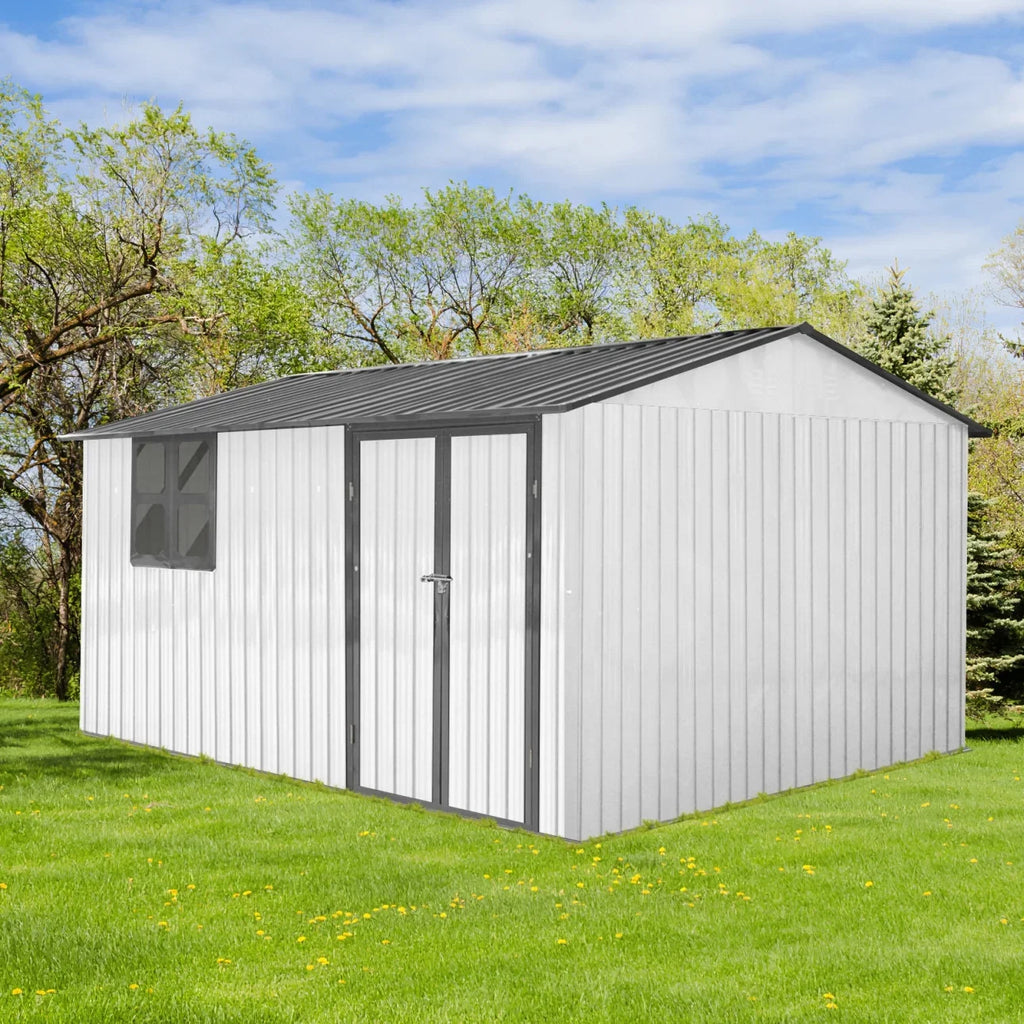 10x12 FT Outdoor Storage Shed, Metal Garden Tool Shed with Vents, Window and Bulit-in Hooks, Waterproof Organization for Home/Backyard/Garden Tools/Lawn Storage, Yellow+White