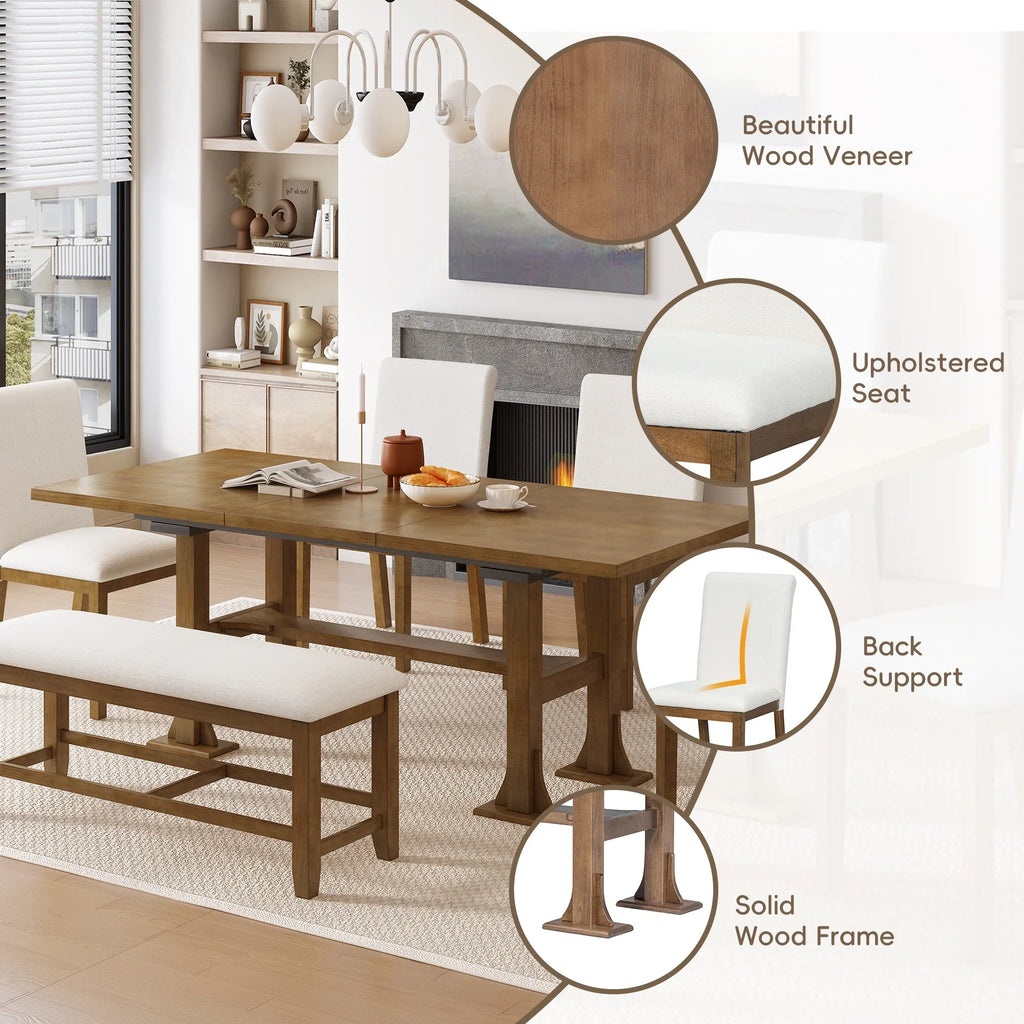 6 Piece Extendable Dining Table Set, Atumon Wood Dining Room Set for 6, Dining Table Set with 4 Cushioned Chairs and Bench, Farmhouse Dining Table Set Furniture for Kitchen Dining Room, Dark Brown