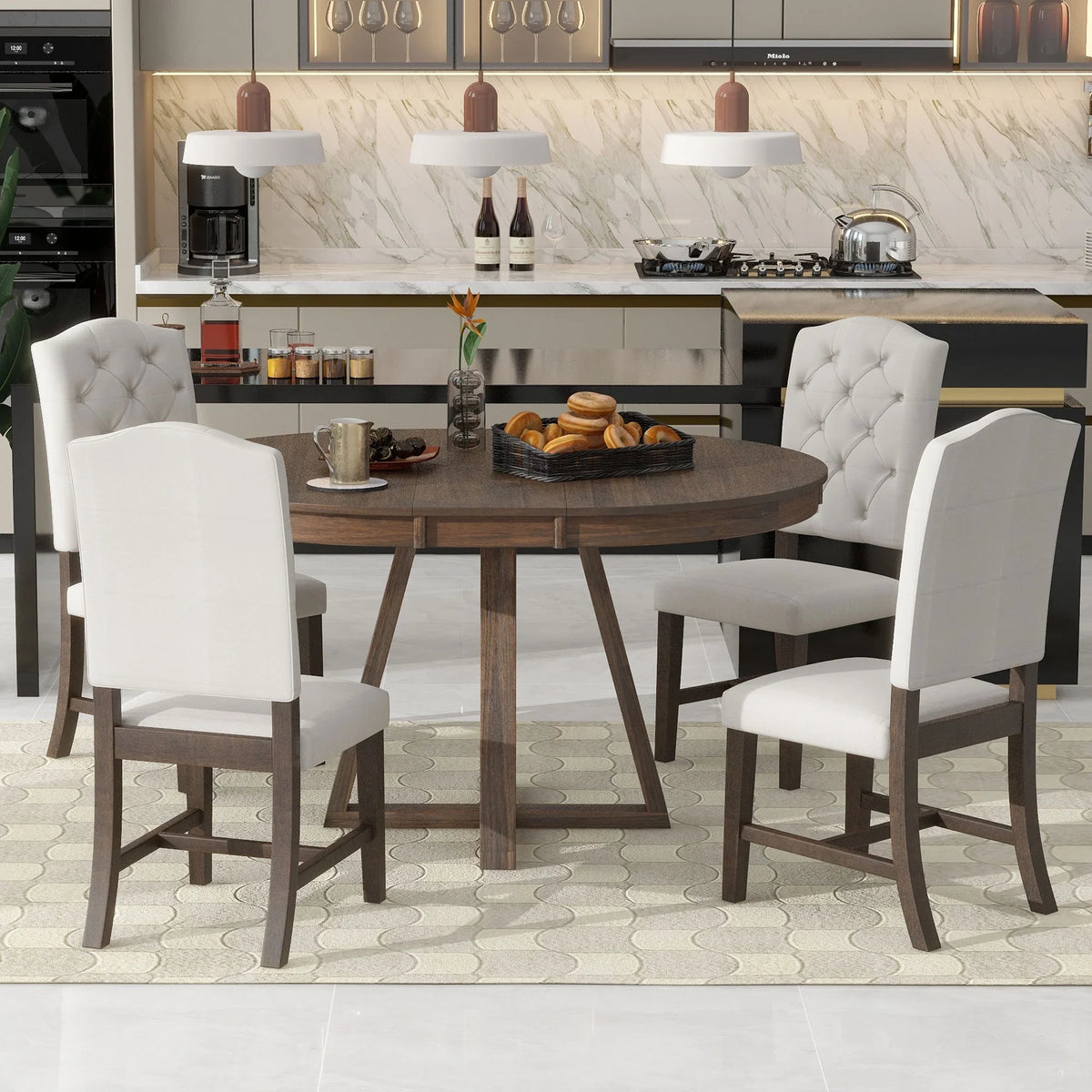 Harper & Bright Designs Round Extendable Dining Table Set for 4, 5 Piece Farmhouse Wood Dining Table Set with 4 Upholstered Dining Chairs, Natural Wood Wash