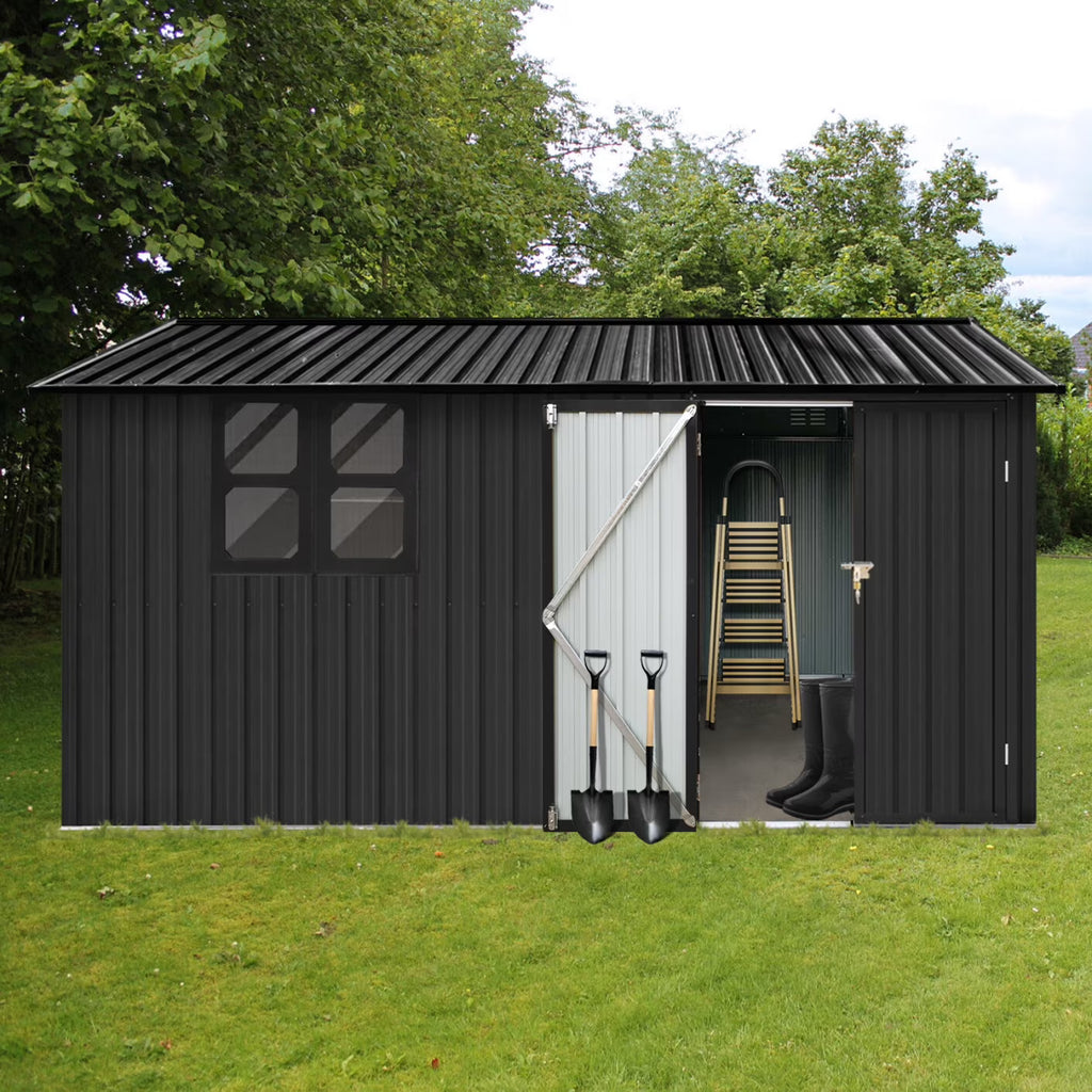 10x12 FT Outdoor Storage Shed, Metal Garden Tool Shed with Vents, Window and Bulit-in Hooks, Waterproof Organization for Home/Backyard/Garden Tools/Lawn Storage, Yellow+White