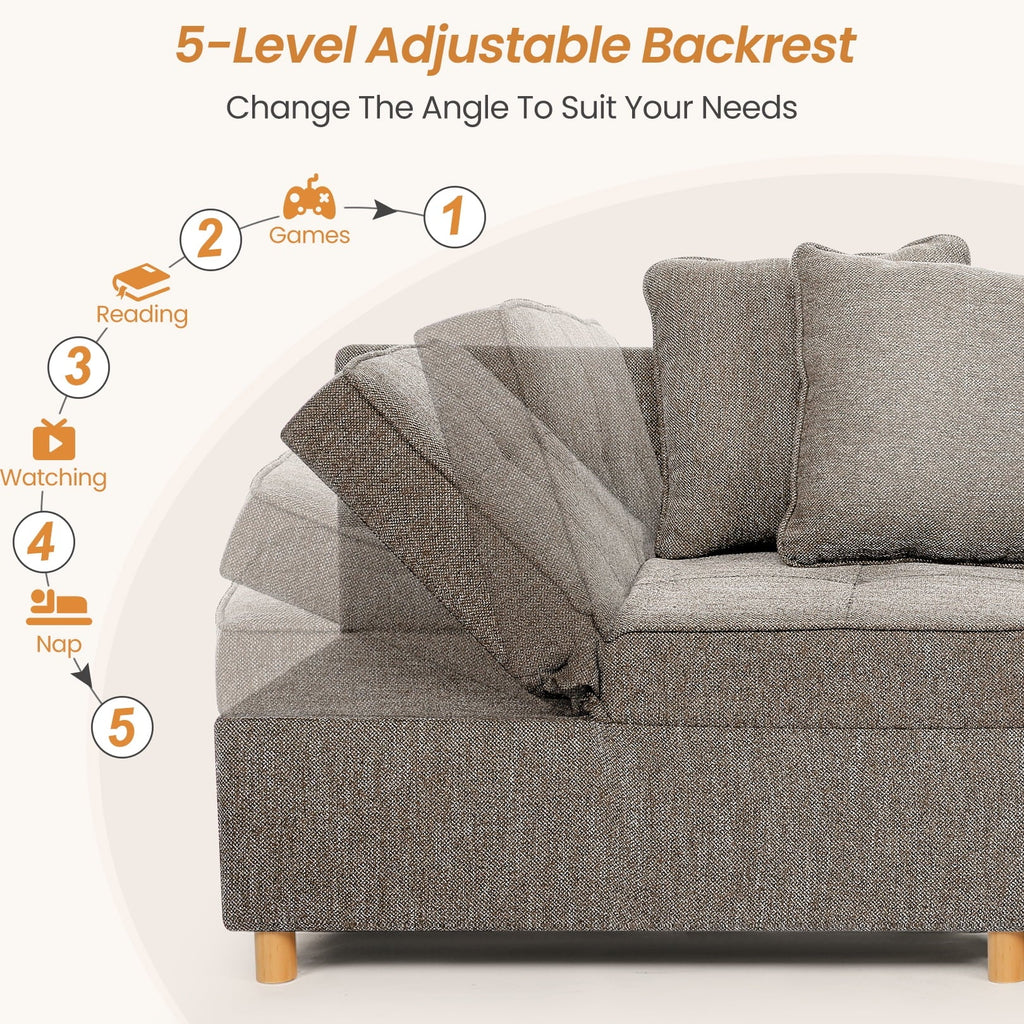 SEJOV 4-in-1 Convertible Sleeper Chair Bed, Linen Sofa Bed for Small Space, Futon Sofa with 2 Throw Pillows for Living Room, Single Recliner with 5 Adjustable Backrest for Bedroom Apartment, Brown