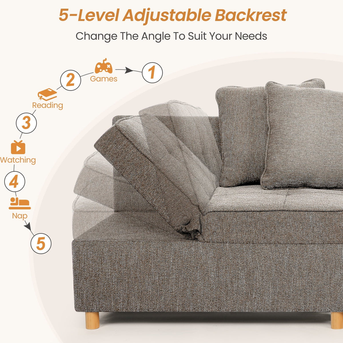 SEJOV 4-in-1 Convertible Sleeper Chair Bed, Linen Sofa Bed for Small Space, Futon Sofa with 2 Throw Pillows for Living Room, Single Recliner with 5 Adjustable Backrest for Bedroom Apartment, Brown