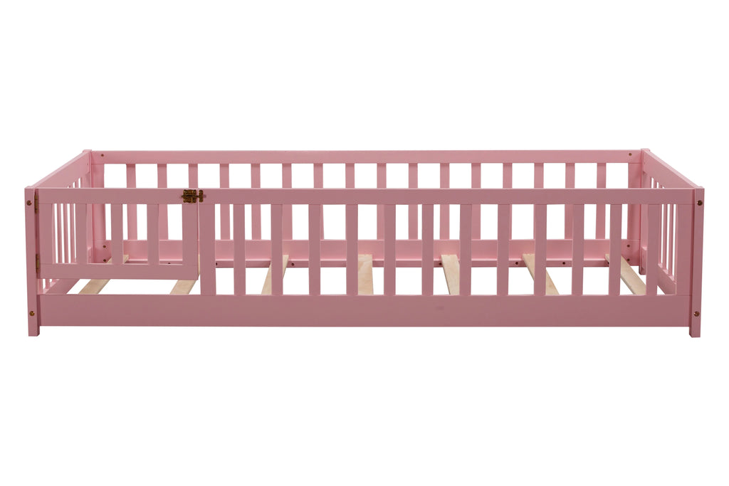 Bellemave Twin Size Floor Beds, Wood Montessori Bed with Fence Railings & Support Slats, No Box Spring Needed (Gray"