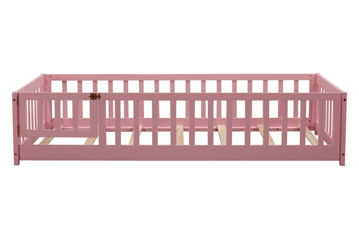 Bellemave Twin Size Floor Beds, Wood Montessori Bed with Fence Railings & Support Slats, No Box Spring Needed (Gray"