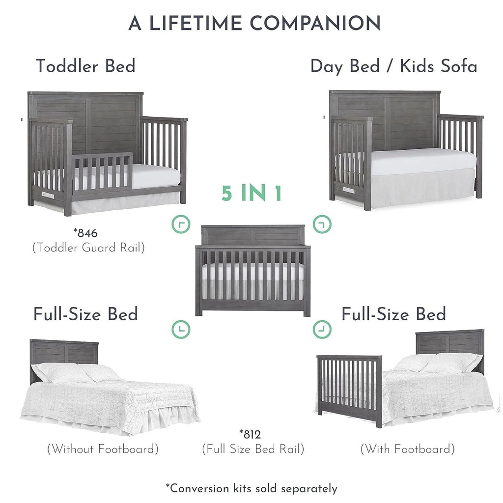 Evolur Belmar Flat 5-in-1 Convertible Crib. Rustic Grey