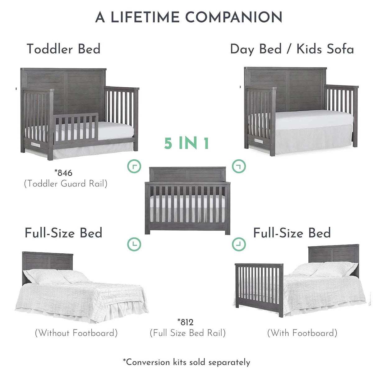 Evolur Belmar Flat 5-in-1 Convertible Crib. Rustic Grey