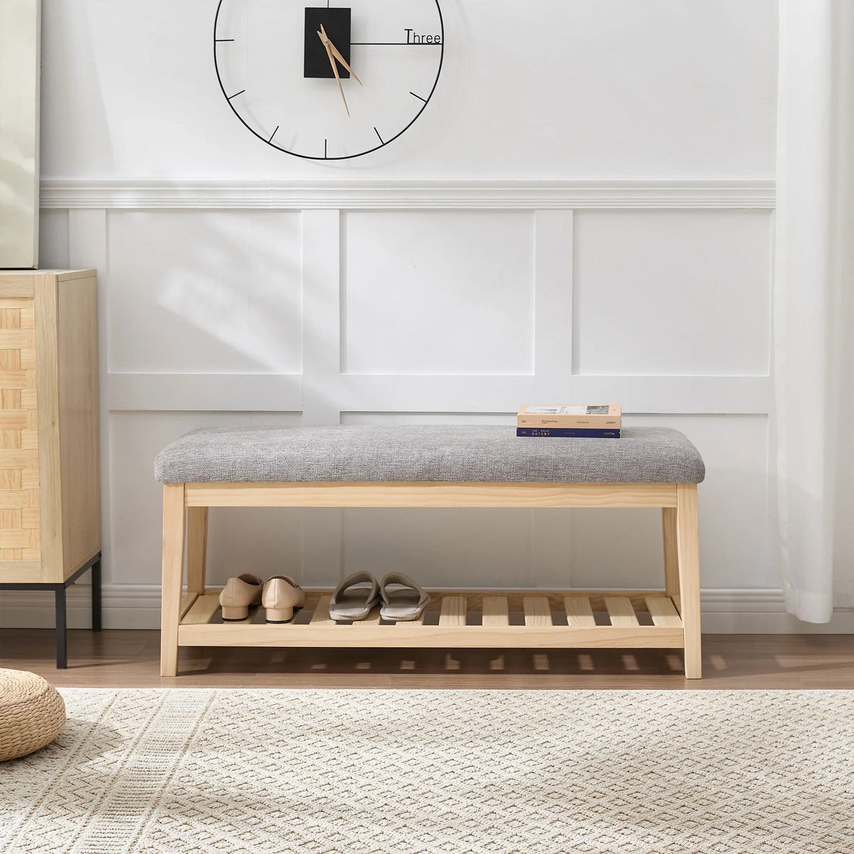 Zesthouse 42.9�?Shoe Bench with Storage, Entryway Bench for Living Room, Bedroom and Hallway, Linen Fabric Upholstered Bench with Solid Wood Shelf, Gray