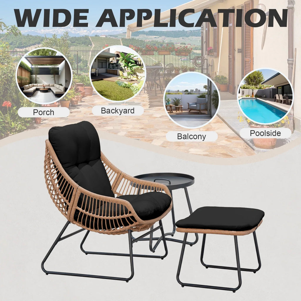 Tappio Wicker Papasan Egg Chair with Ottoman, Outdoor Patio Basket Lounge Chair Indoor Oversized Egg Lounger with Thick Cushion for Living Room Bedroom Balcony Porch, Black