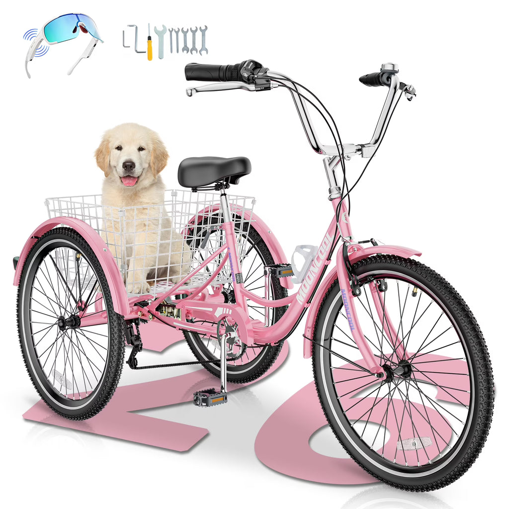 MOONCOOL Adult Tricycles with Rear Basket & Inflator, 24 26 inch 7 Speed 3 Wheel Bikes, Three-Wheeled Bicycles Adult Trike with Backrest for Seniors, Women, Men