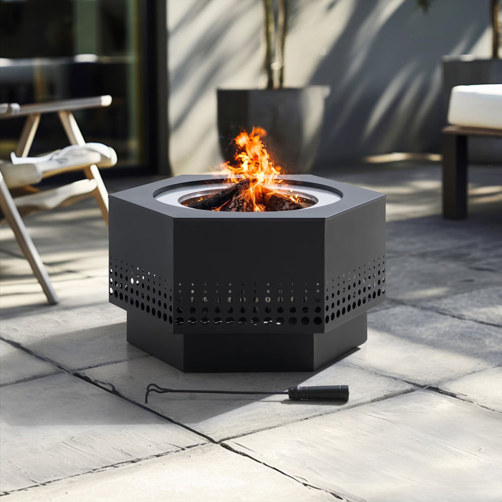 Sunjoy 28 In Smokeless Fire Pit with Removable Ash Pan, Outdoor Portable Wood Burning Fireplace with PVC Cover and Fire Poker,Ideal for Camping, Bonfire, and Backyard, Black