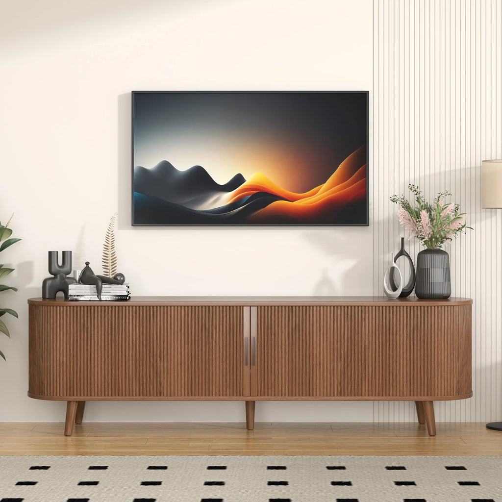 Planntonneo Mid-Century Modern Fluted TV Stand Wooden Media Console Entertainment Center for Living Room, Walnut Color