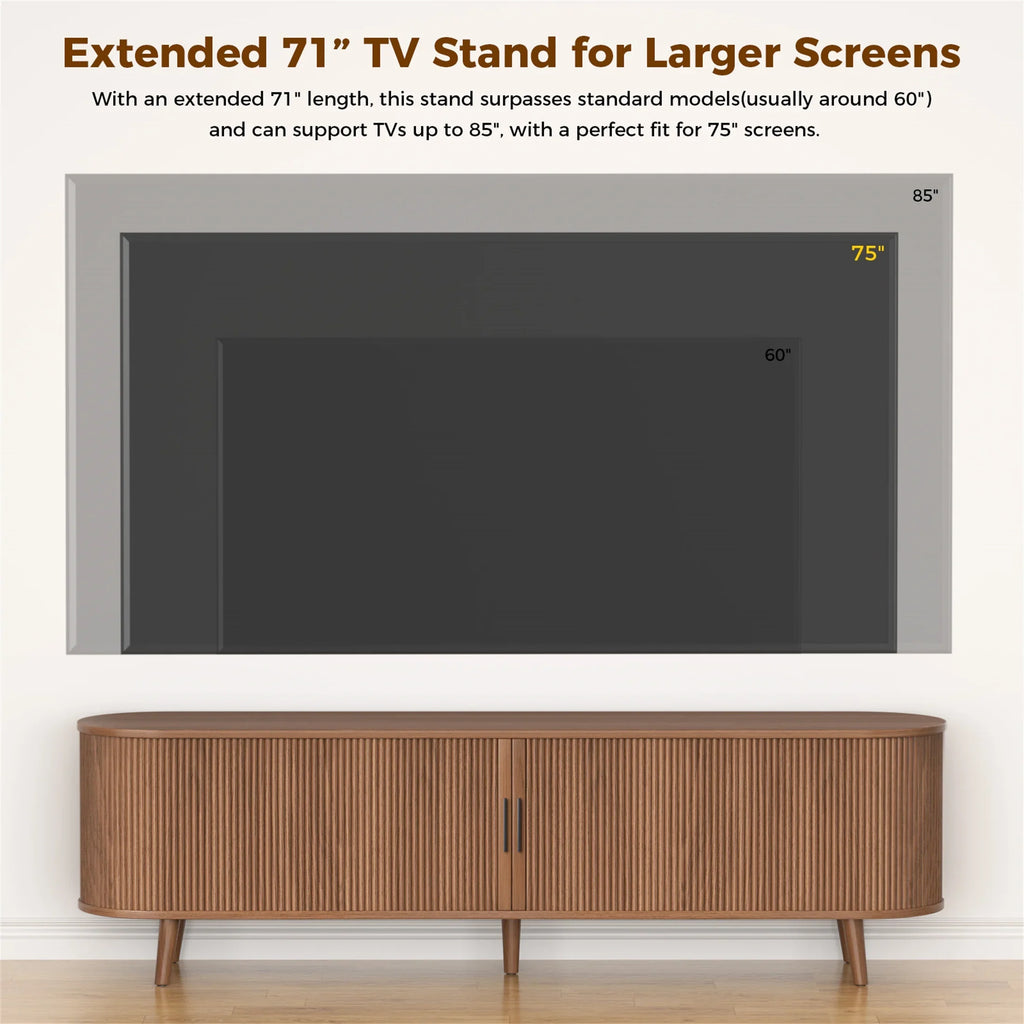 Planntonneo Mid-Century Modern Fluted TV Stand Wooden Media Console Entertainment Center for Living Room, Walnut Color