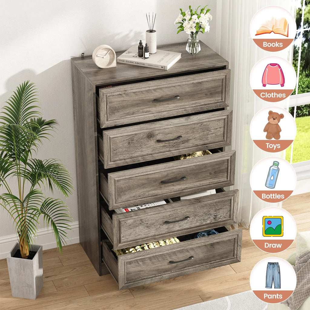 Vabches Farmhouse 5 Drawer Dresser with Metal Handle, Tall Wood Chest of Drawers for Living Room Bedroom,Dark Brown