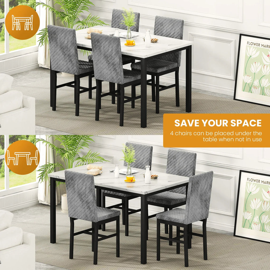 Baxluxe Dining Table Set for 4, Modern 5 Piece Dining Table Set, Faux Marble Kitchen Table and 4 Velvet Upholstered Chairs for Apartments, Dining Rooms, Small Spaces, Gray