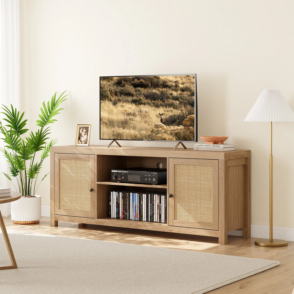 Rattan TV Stand for 65 Inch, Boho Entertainment Center with Storage and Doors, Wood TV & Media Console Under TV Cabinet Furniture for Living Room