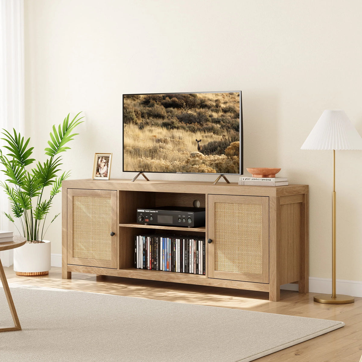 Rattan TV Stand for 65 Inch, Boho Entertainment Center with Storage and Doors, Wood TV & Media Console Under TV Cabinet Furniture for Living Room