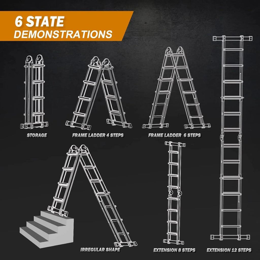 HBTower Ladder, A Frame 4 Step Extension Ladder, 14 Ft Multi Position Ladder with Removable Tool Tray and Stabilizer Bar, 330 lbs Capacity Telescoping Ladder for Household and Outdoor Work