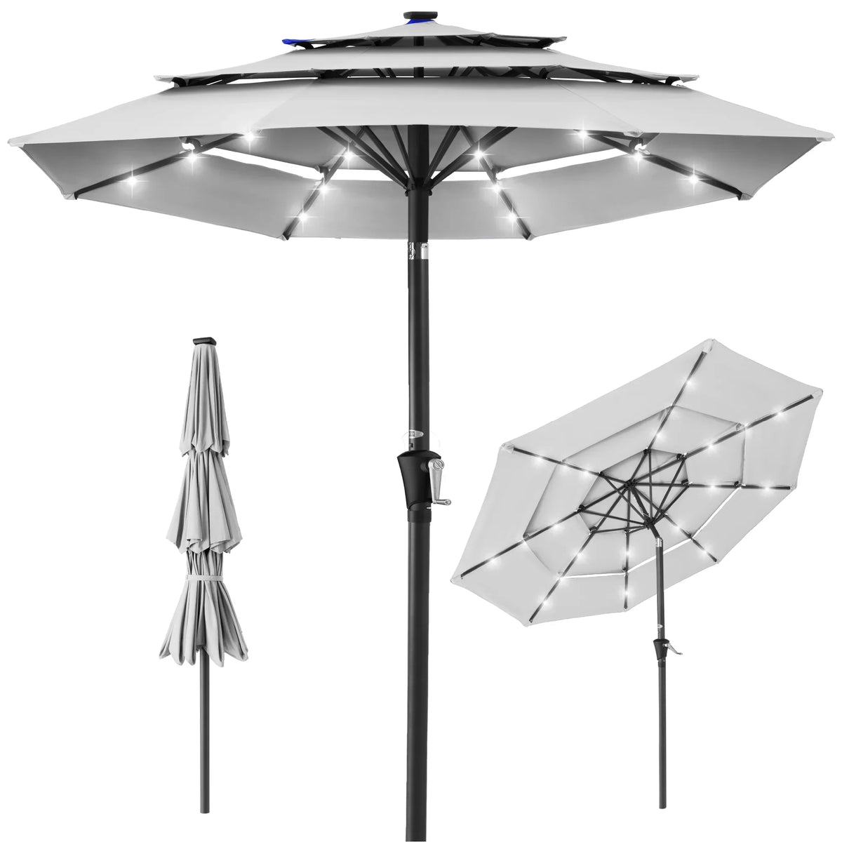 Best Choice Products 10ft 3-Tier Solar Patio Umbrella w/ 24 LED Lights, Tilt Adjustment, Easy Crank - Tan
