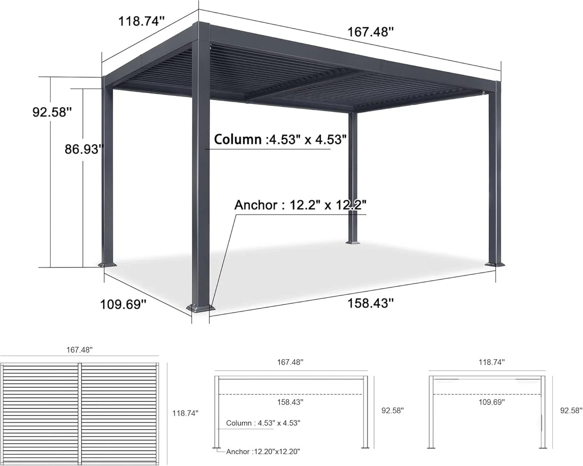 PURPLE LEAF 11'×18' Outdoor Louvered Pergola with Adjustable Hardtop Patio Pergola, Grey