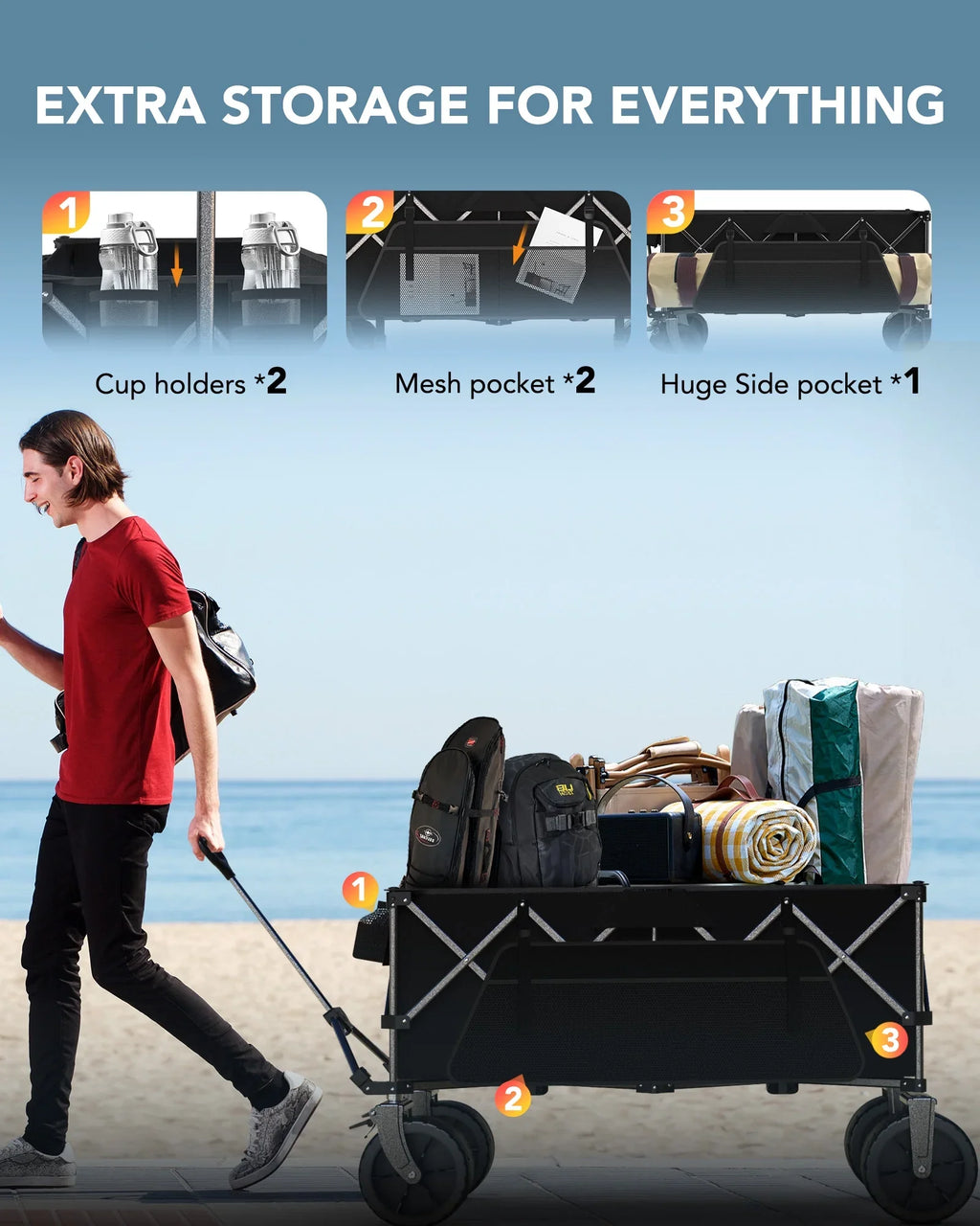 KEESTP Collapsible Wagon, 440LBS Heavy Duty Wagon Carts Foldable with Side Pocket and Brakes, 66 Gallon Large Capacity Foldable Wagon-gray