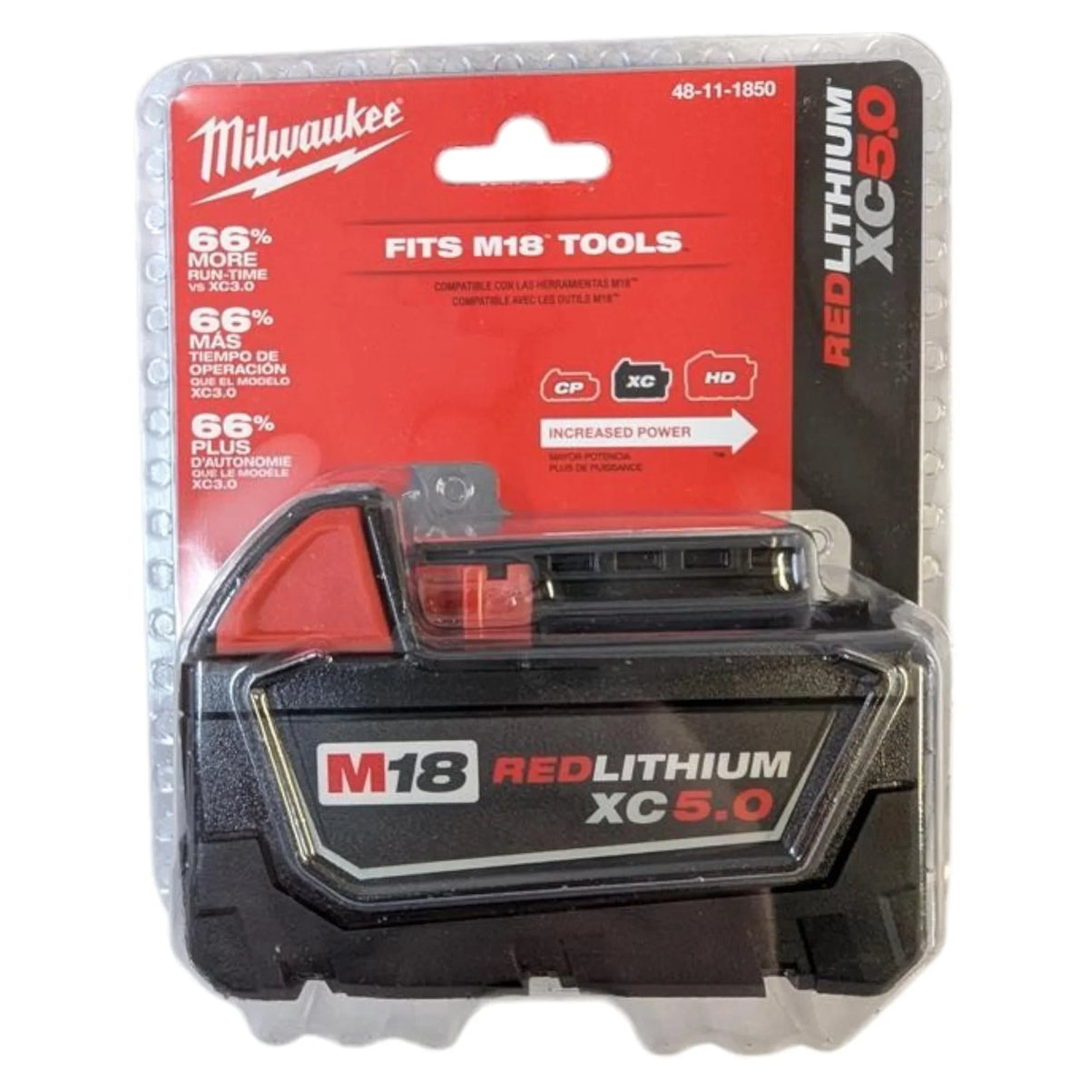 Milwaukee 48-11-1850 M18 REDLITHIUM XC 5.0Ah Battery Pack �C 18V Lithium-Ion Rechargeable Power Tool Battery