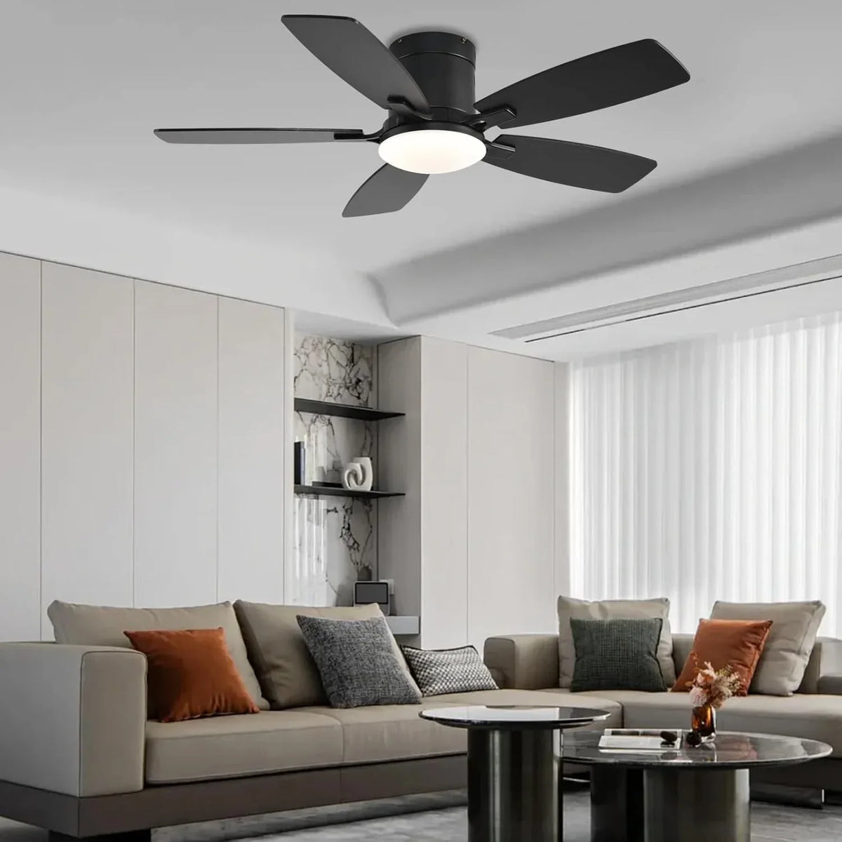 42 Inch Low Profile Ceiling Fans with Lights and Remote, Flush Mount Modern Ceiling Fan, 3 CC T DC Ceiling Fan for Bedroom, Living Room, Brushed Nickel