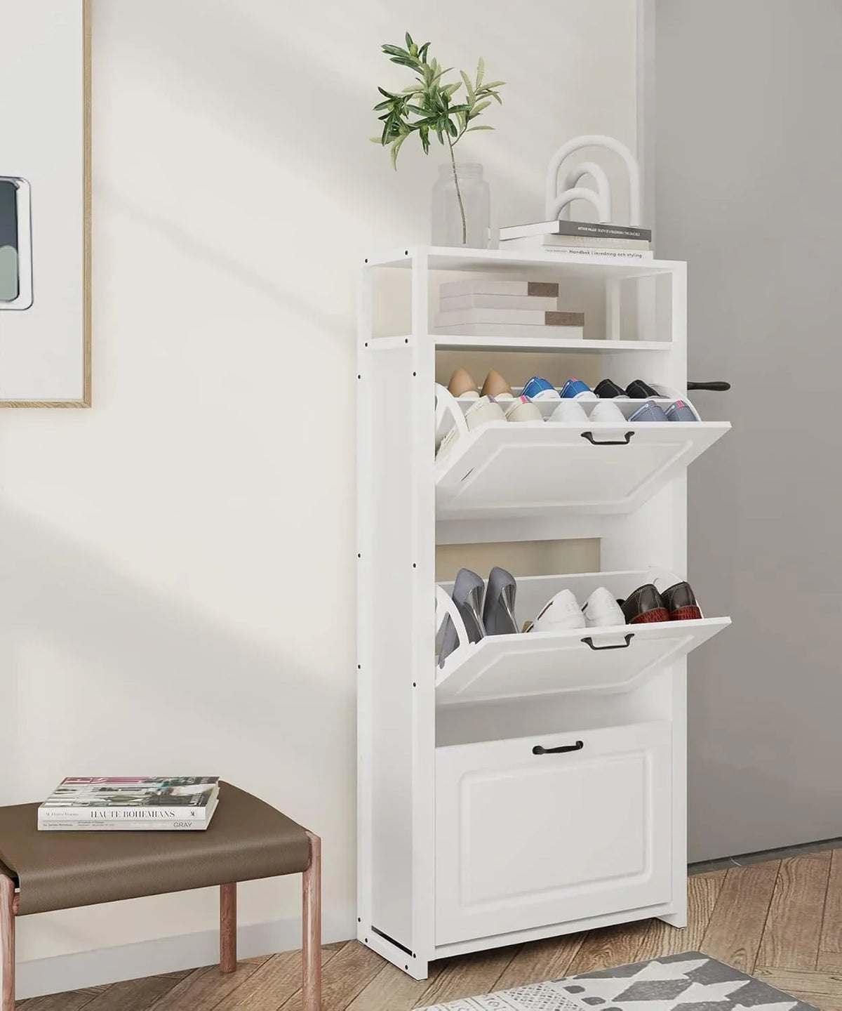 HAIOOU Shoe Storage Cabinet, Wood Shoe cabinet with Adjustable Shelf for Entryway with 3 Flip Drawers,Rustic Brown