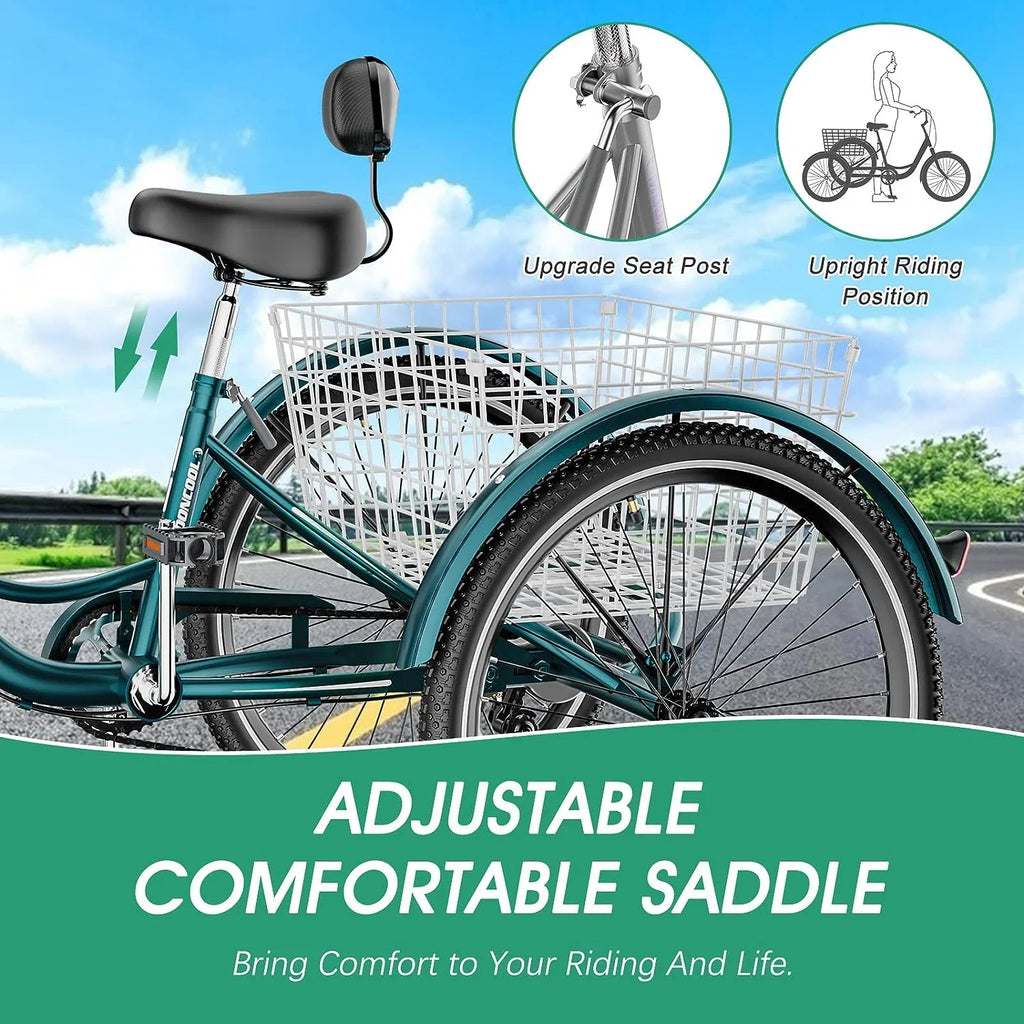 MOONCOOL Adult Tricycles with Rear Basket & Inflator, 24 26 inch 7 Speed 3 Wheel Bikes, Three-Wheeled Bicycles Adult Trike with Backrest for Seniors, Women, Men