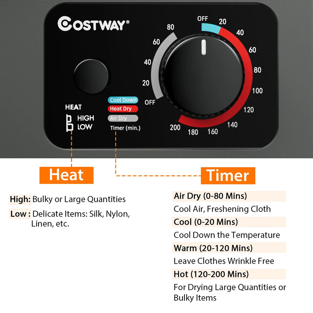 Costway Electric Tumble Compact Laundry Dryer Stainless Steel Wall Mounted 1.5 cu.ft.