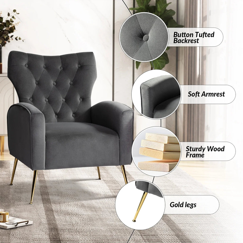 Modern Velvet Accent Chair Upholstered Sofa Armchair Button Tufted Metal Legs Adult Bedroom Home Living Room Grey