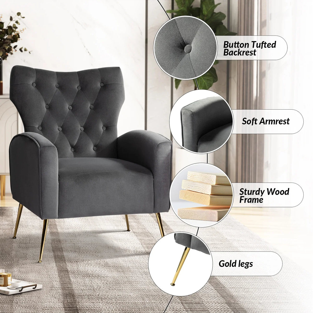 Modern Velvet Accent Chair Upholstered Sofa Armchair Button Tufted Metal Legs Adult Bedroom Home Living Room Grey