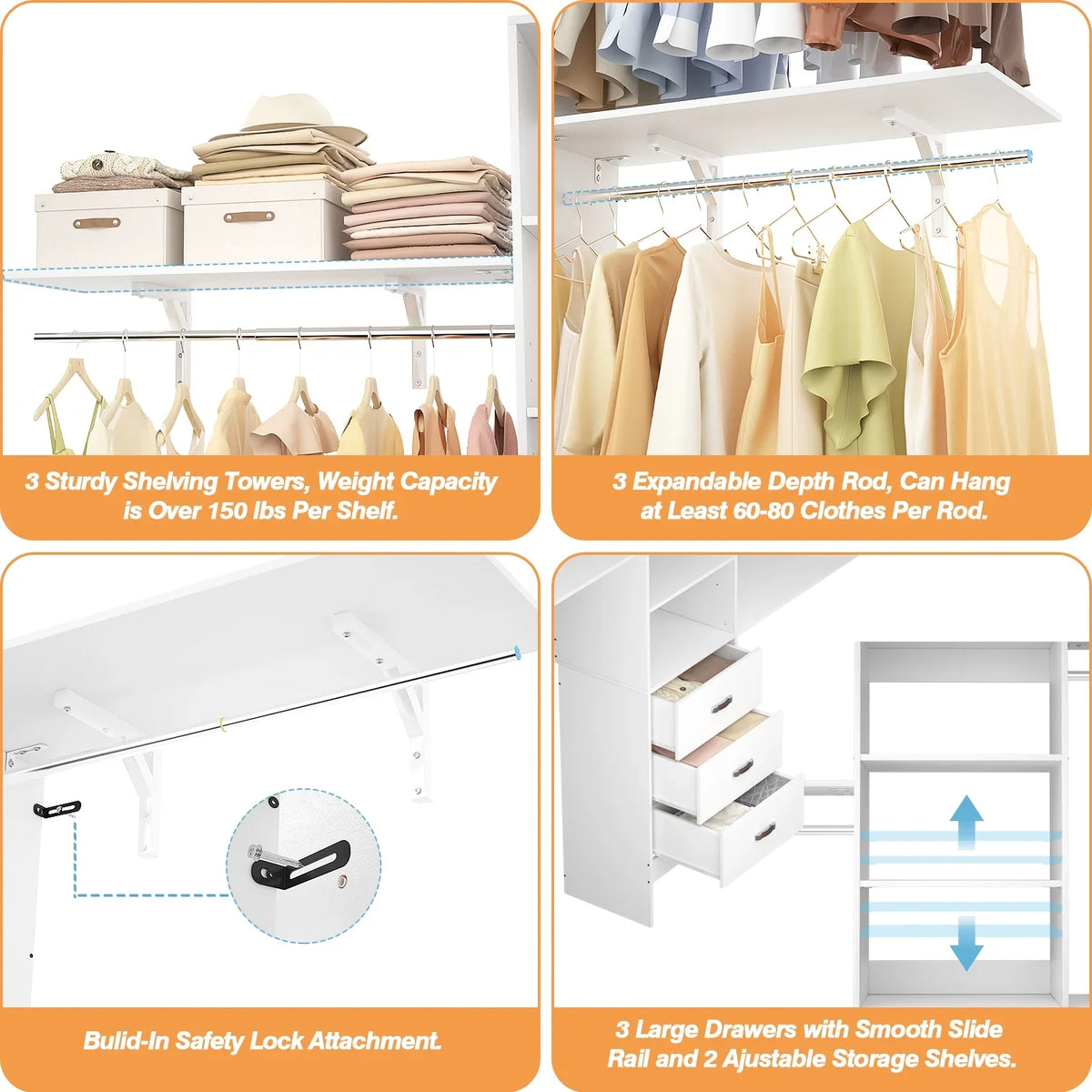 Homieasy 96 Inches Closet System, 8FT Walk In Closet Organizer with 3 Shelving Towers, Heavy Duty Clothes Rack with 3 Drawers, Built-In Garment Rack, 96" L x 16" W x 75" H, White